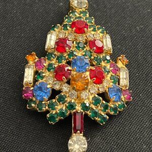 Christmas Tree Pin Brooch Vintage Warner Signed Elegant Multicolor Rhinestones
